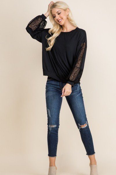 Solid Jersey Top with Animal Print Sleeves