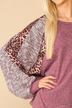 Load image into Gallery viewer, Textured Knit and Animal Print Mix Dolman Sleeve Top
